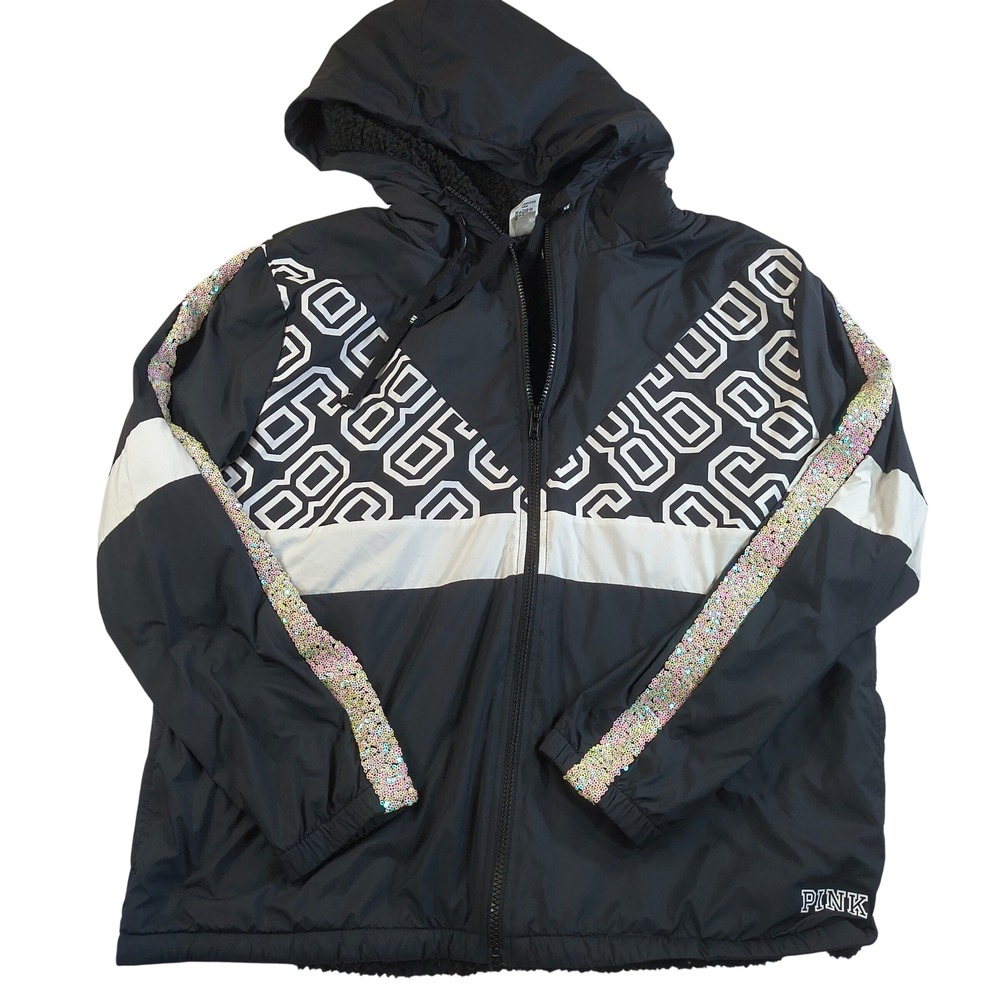 Victoria's Secret PINK‎ Sherpa Lined Sequin Zip Up Windbreaker Jacket M/L